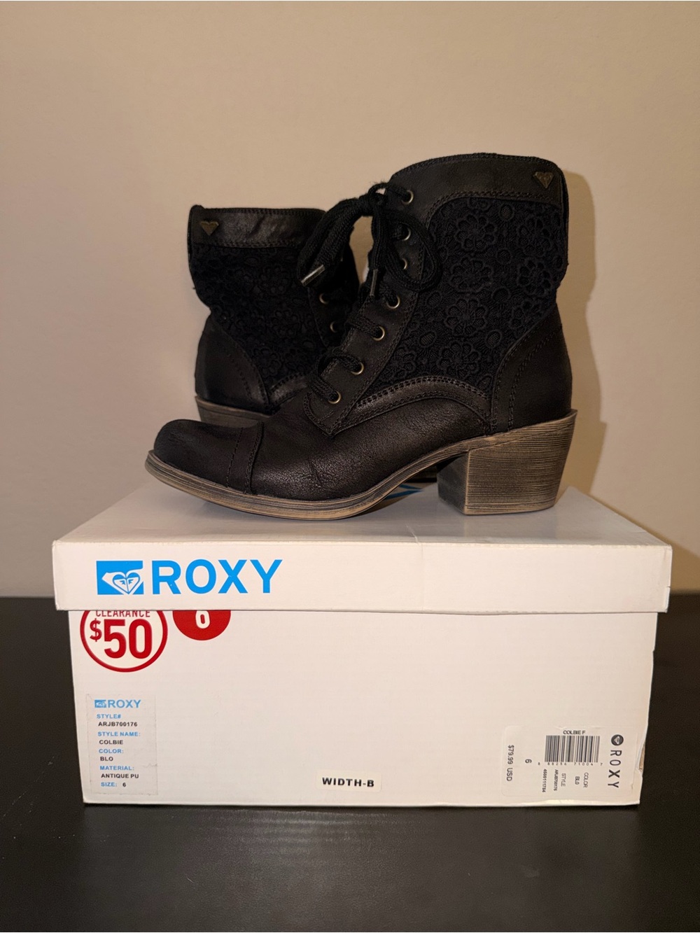 Roxy Black Lace-Up Ankle Boots with Floral Cutout